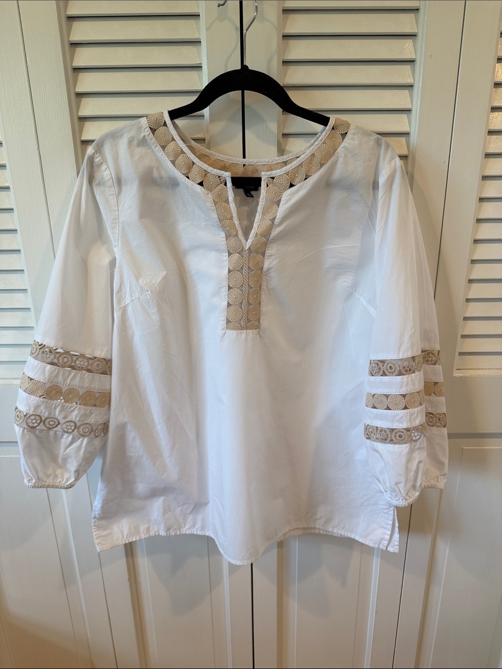 Talbots Women's Embroidered Tunic with Beige Trim - XL White